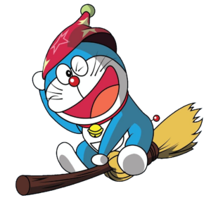 Doraemon on flying broomstick PNG